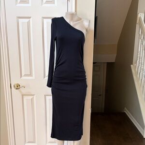 Michael Stars Black Ribbed one shoulder Ruched sides midi Dress, large